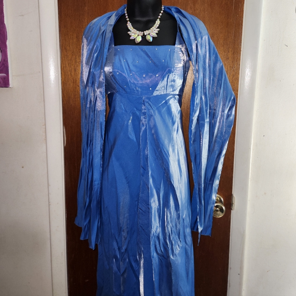 Y2k Baby Blue Satin Midi Dress with rhinestone studs